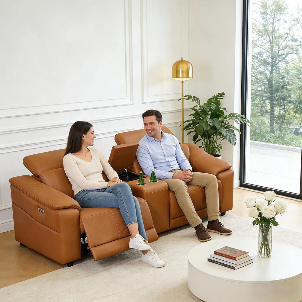Ainehome Light Brown Leather 5-Seater Modular Power Reclining Sectional Sofa Set with Smart Storage & USB