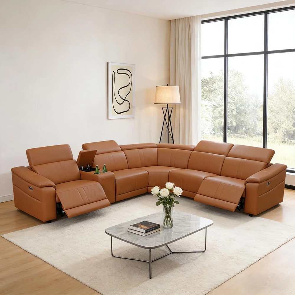 Light Brown Leather 5-Seater Modular Power Reclining Sectional Sofa Set with Smart Storage & USB