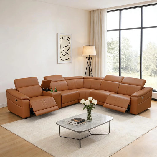 Light Brown Leather 5-Seater Modular Power Reclining Sectional Sofa Set with Smart Storage & USB