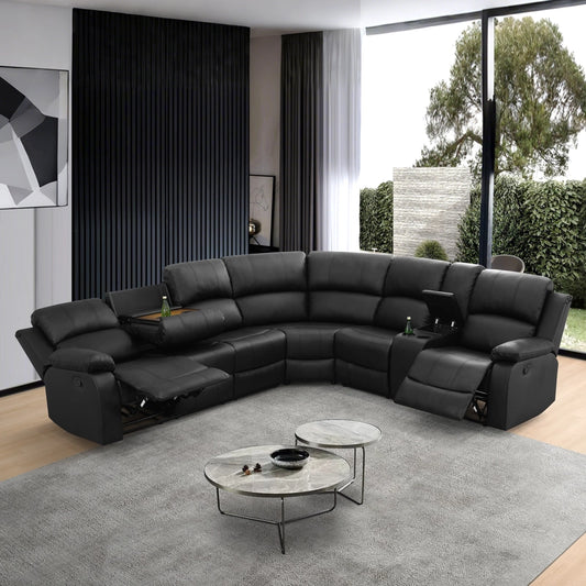 Ainehome Grandview 5-Seat Reclining Sectional Sofa in Black Faux Leather