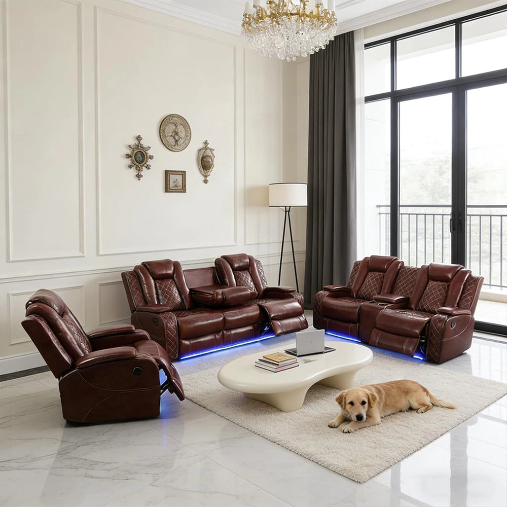 Burgundy Leather 3-Piece Power Reclining Sofa Set with Diamond Stitching & Smart Features