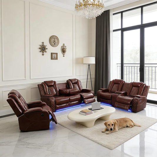 Burgundy Leather 3-Piece Power Reclining Sofa Set with Diamond Stitching & Smart Features