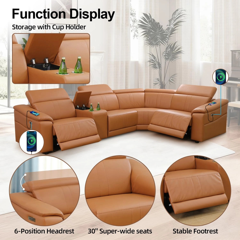 Ainehome Light Brown Leather 5-Seater Modular Power Reclining Sectional Sofa Set with Smart Storage & USB