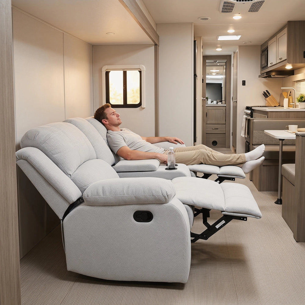 Ainehome 68" Manual RV Loveseat Recliner with Storage Console - Breathable Tech-Fabric Motorhome Sofa Replacement - 67" Full Extension & 26" Door Friendly - Brown