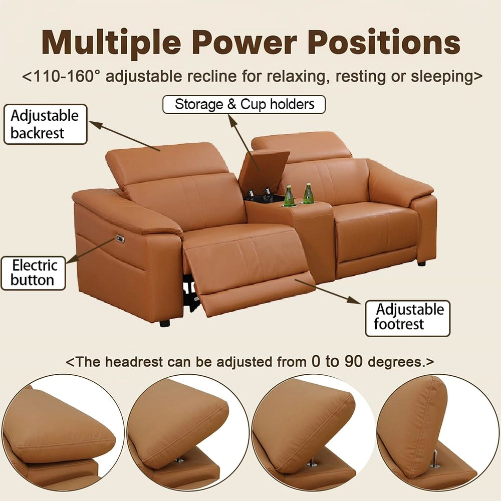 Ainehome Light Brown Leather 5-Seater Modular Power Reclining Sectional Sofa Set with Smart Storage & USB