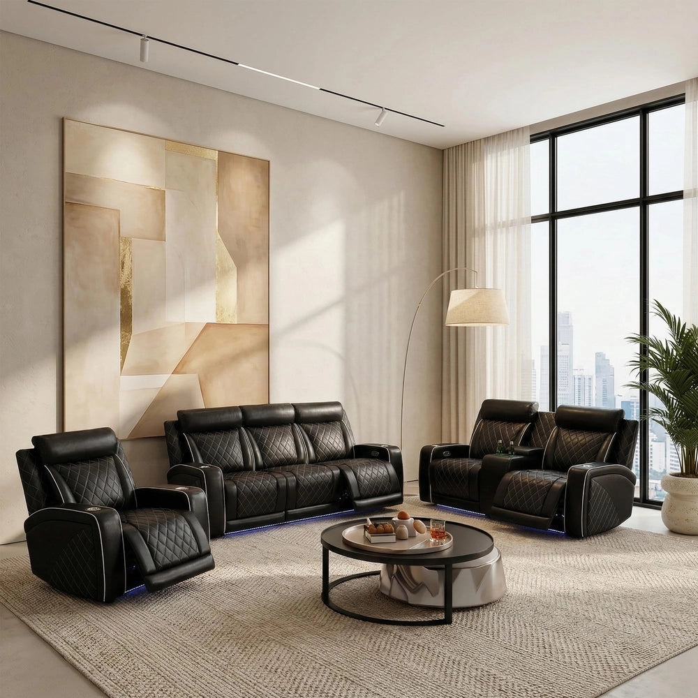 Black Leather 5-Seater Power Reclining Sofa Set with Reading Lights & Hidden Storage