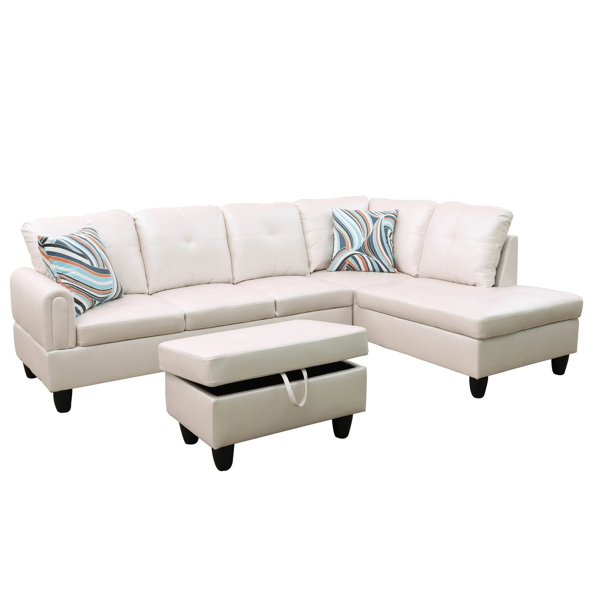 Ainehome 97" Wide Peaerl White Faux Leather L-Shaped Living Room Sectional Sofa Set