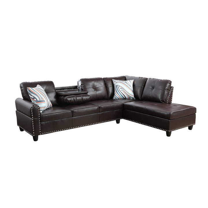 97.5" Wide Brown Synthetic Leather L-Shaped Living Room Sectional Sofa Set
