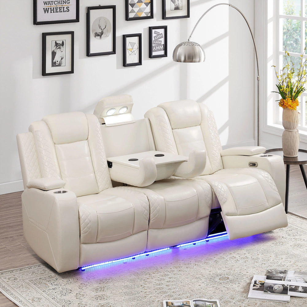 White Leather Power Reclining Sofa Set with Smart Consoles & 170° Recline