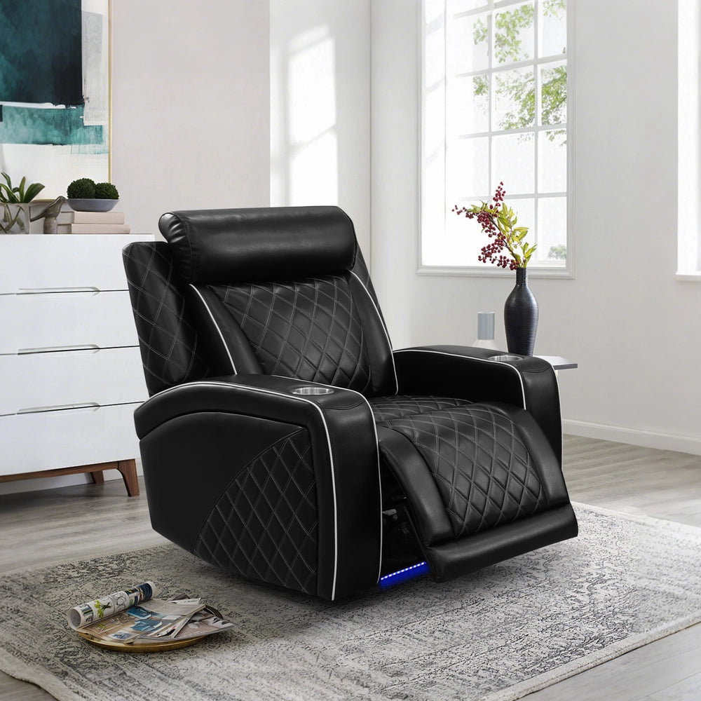 Black Leather 5-Seater Power Reclining Sofa Set with Reading Lights & Hidden Storage