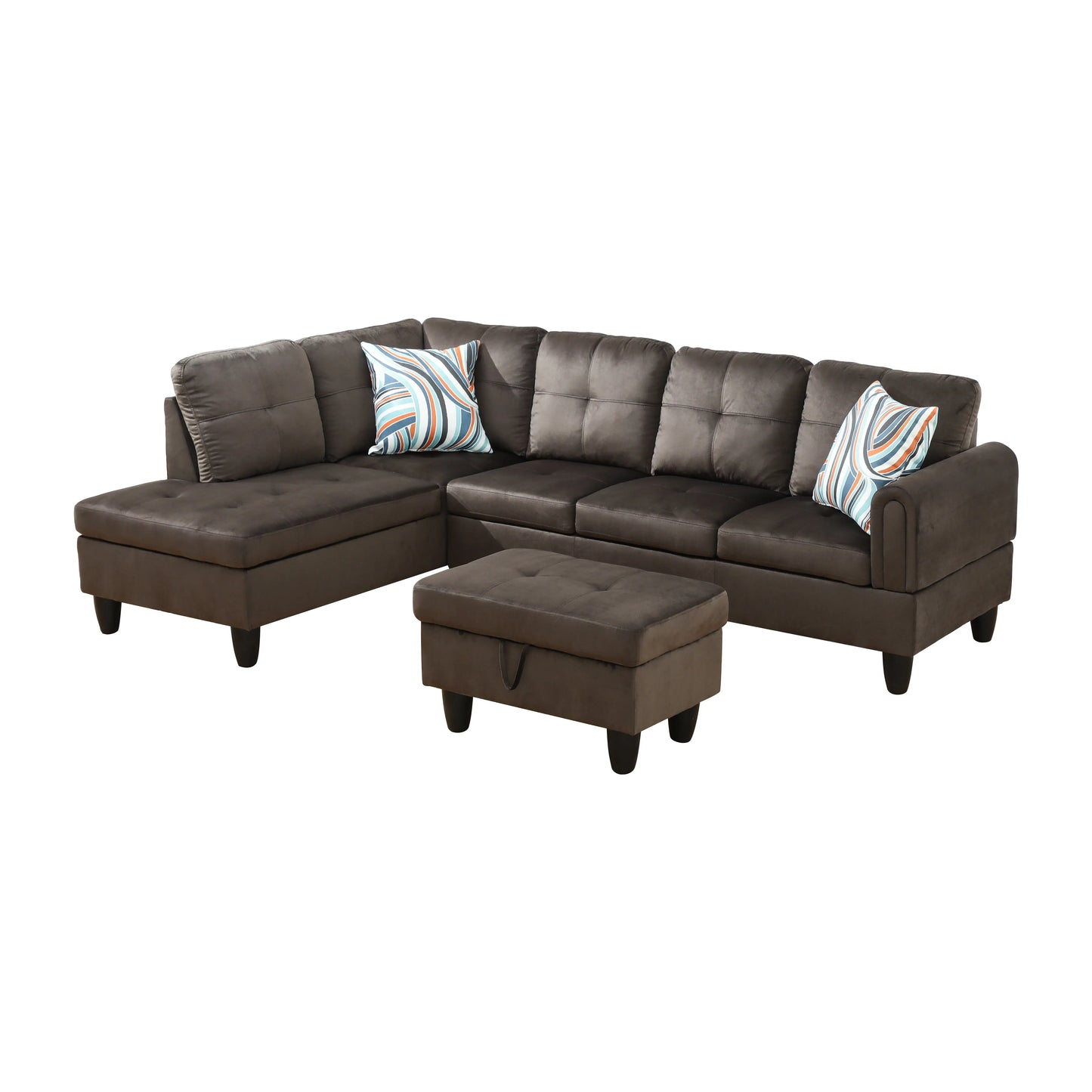 Ainehome 97" Wide Dark Brown Flannel L-Shaped Living Room Sectional Sofa Set