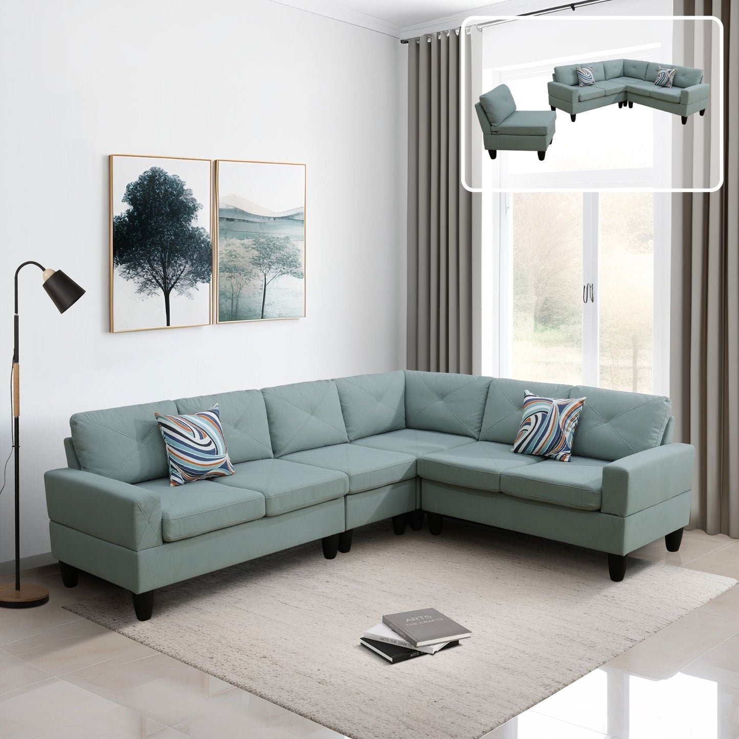 Ainehome Pale Green Flannel 4-Piece Modular Sofa Set