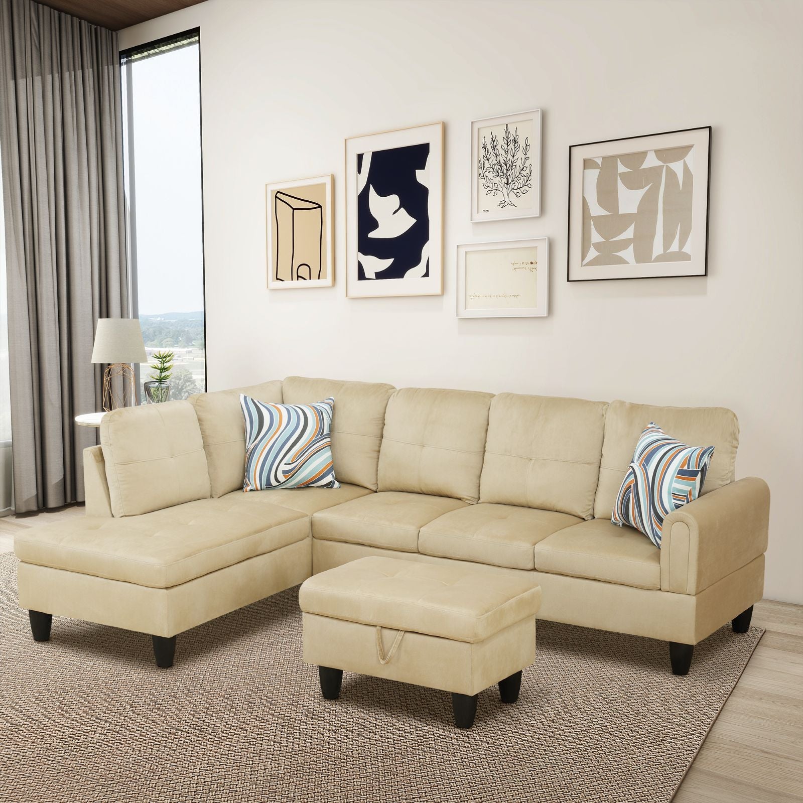 97" Wide Beige Flannel Living Room Sofa Set - Modern Comfort & Style for Your Home