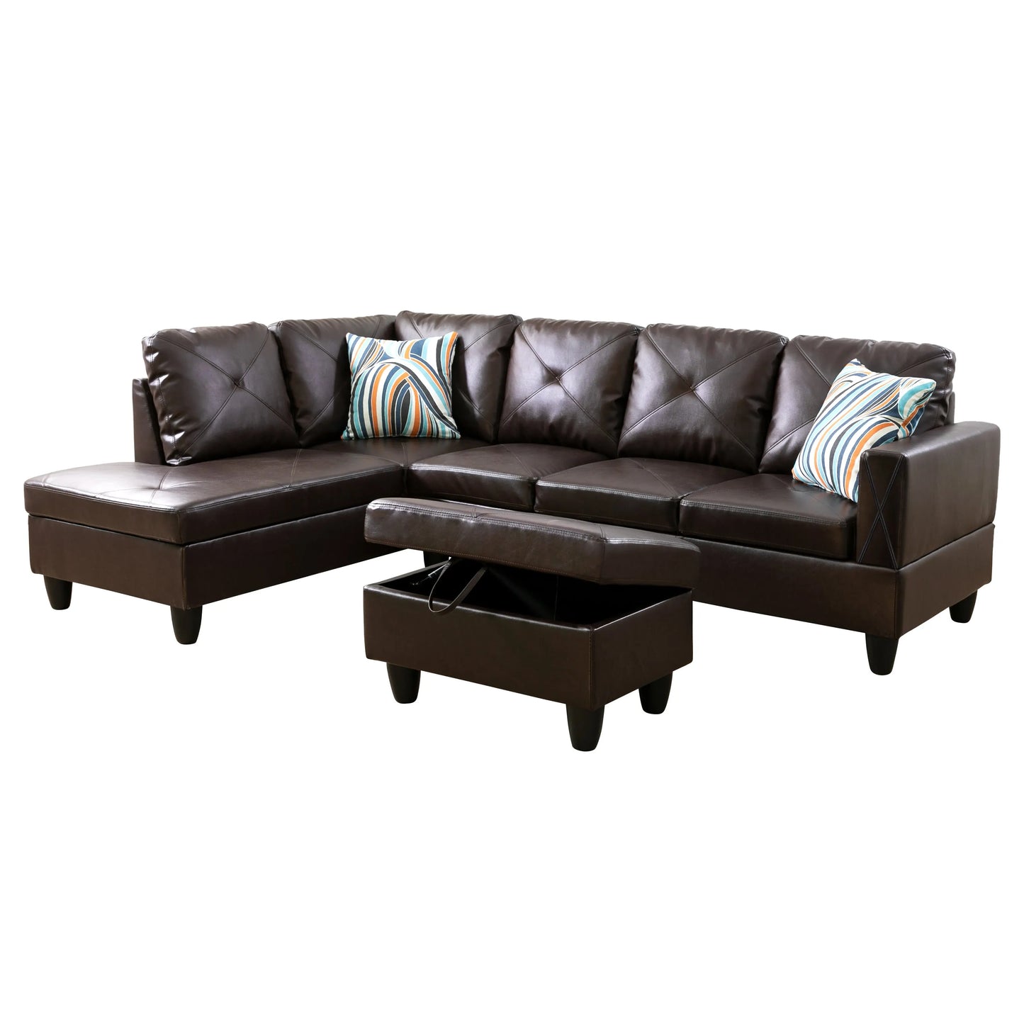 97" Wide Brown Faux Leather L-Shaped Living Room Sectional Sofa Set — image 2