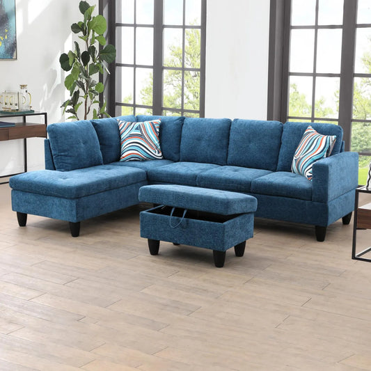 97" Wide Blue Linen L-Shaped Living Room Sectional Sofa Set — image 1