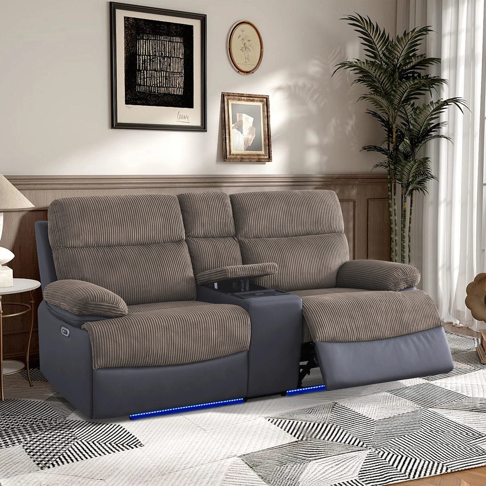 Brown Corduroy Power Reclining Sofa Set with LED Lights, USB Charging & Storage Console - 3 Piece Living Room Set