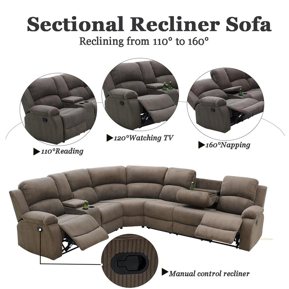 Ainehome Grandview 5-Seat Reclining Sectional in Textured Peanut Fabric