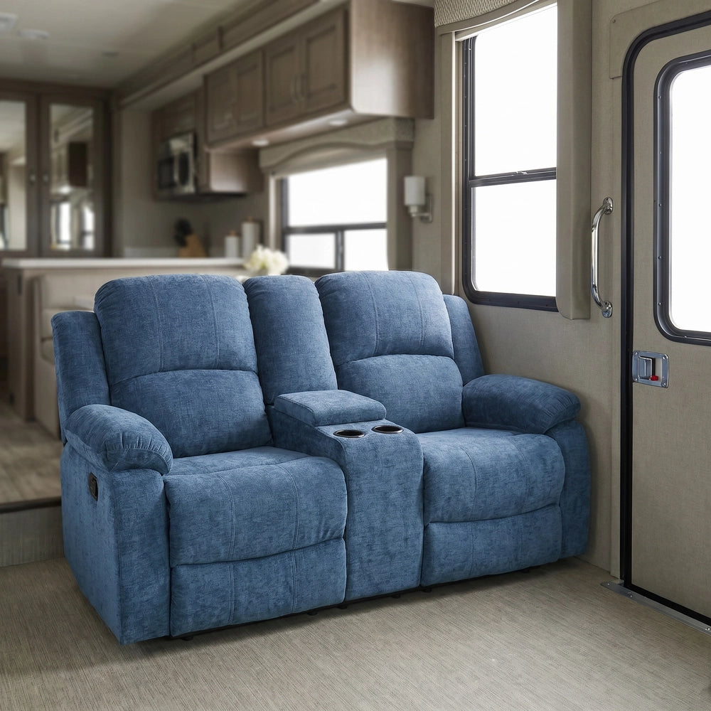 68" Manual RV Loveseat Recliner with Storage Console - Breathable Tech-Fabric Motorhome Sofa Replacement - 67" Full Extension & 26" Door Friendly - Brown
