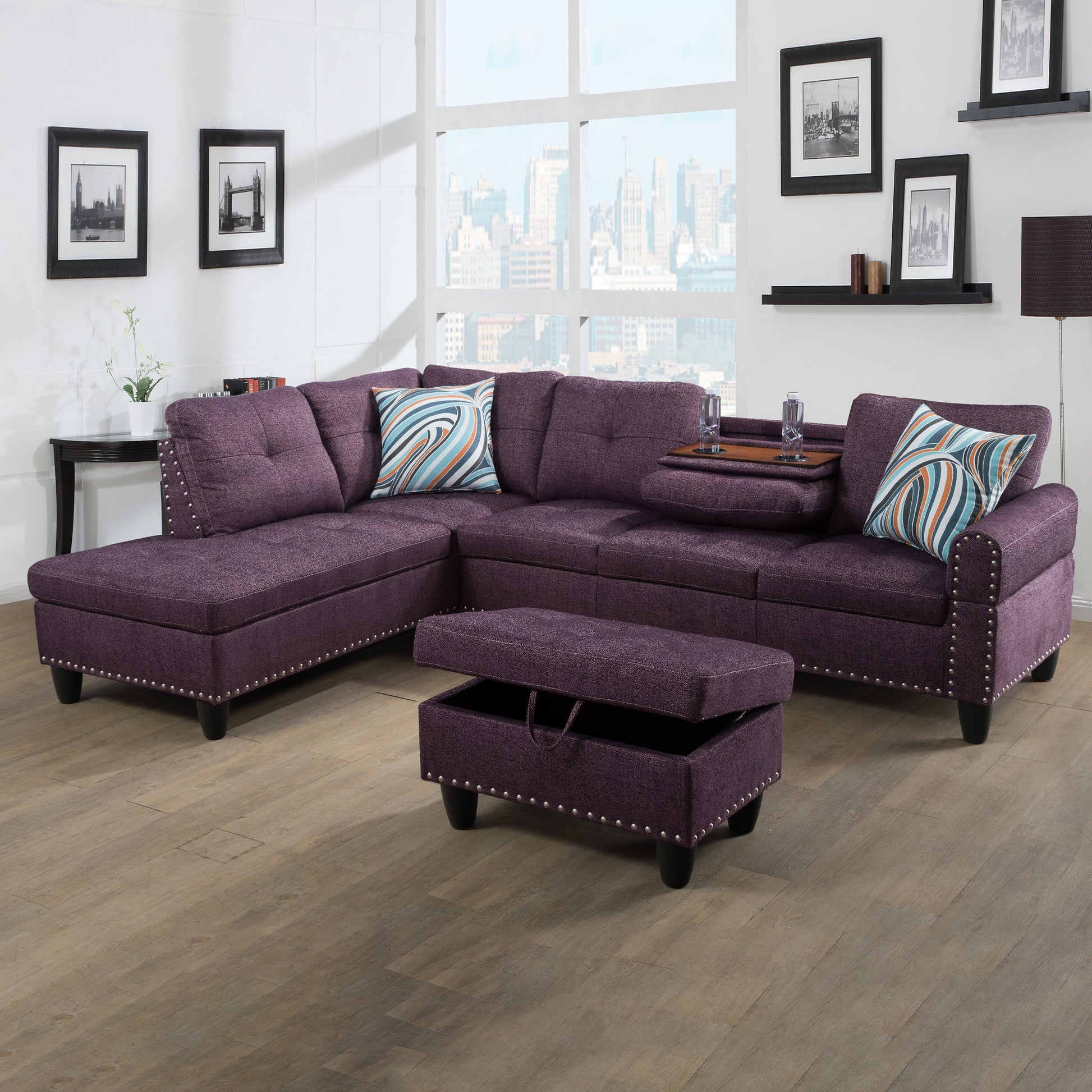 97.5" Wide Amaranth Linen L-Shaped Living Room Sectional Sofa Set
