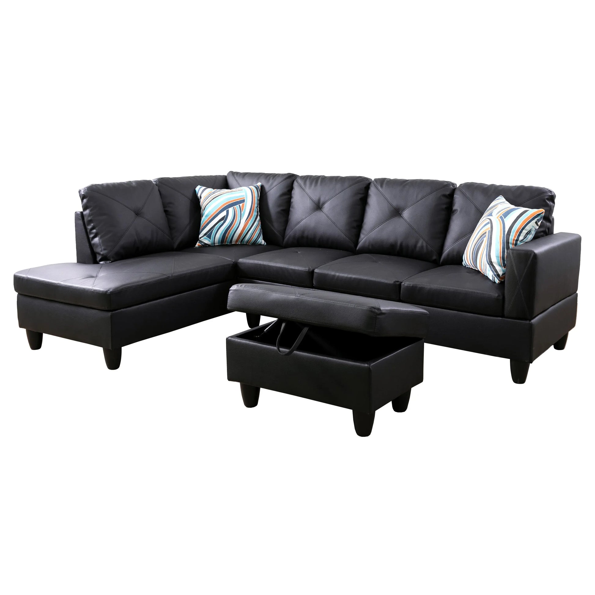97" Wide Black Faux Leather L-Shaped Living Room Sectional Sofa Set — image 2