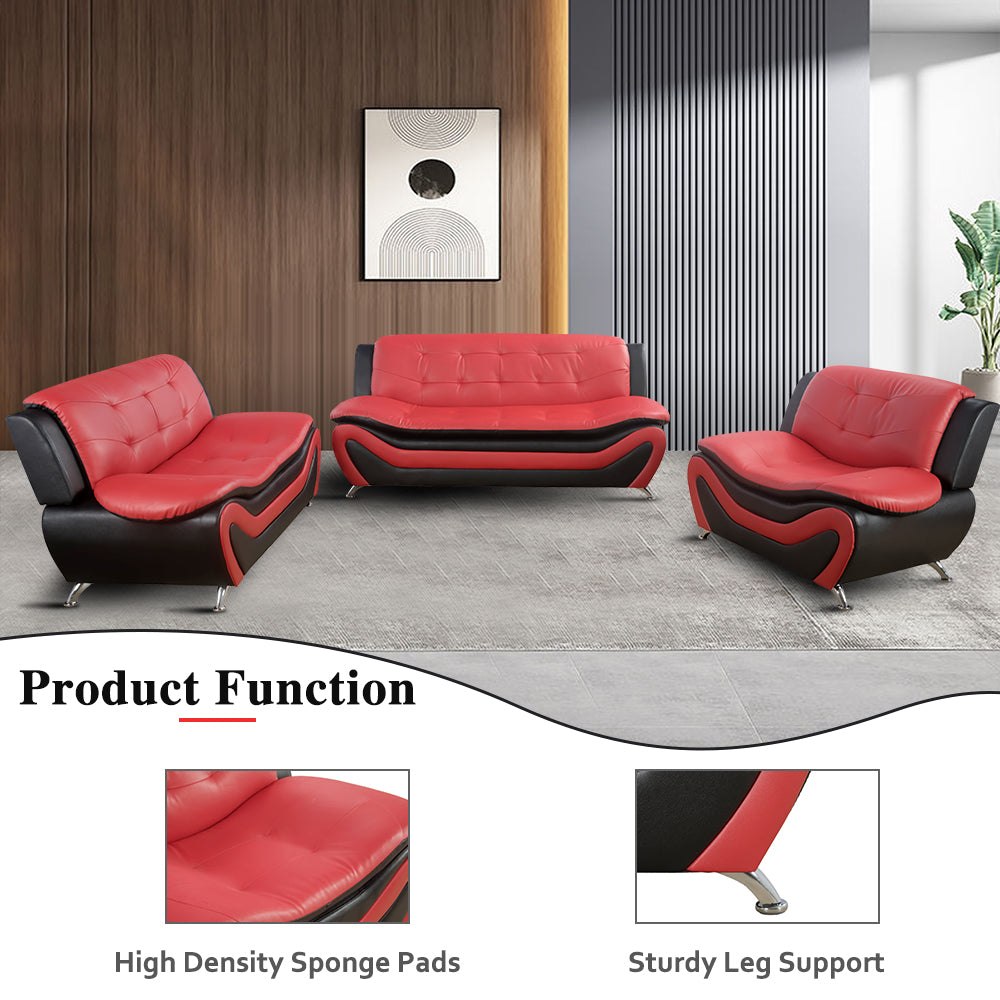 Ainehome Black & Red Faux Leather 3-Piece Living Room Sofa Set with Elegant Design