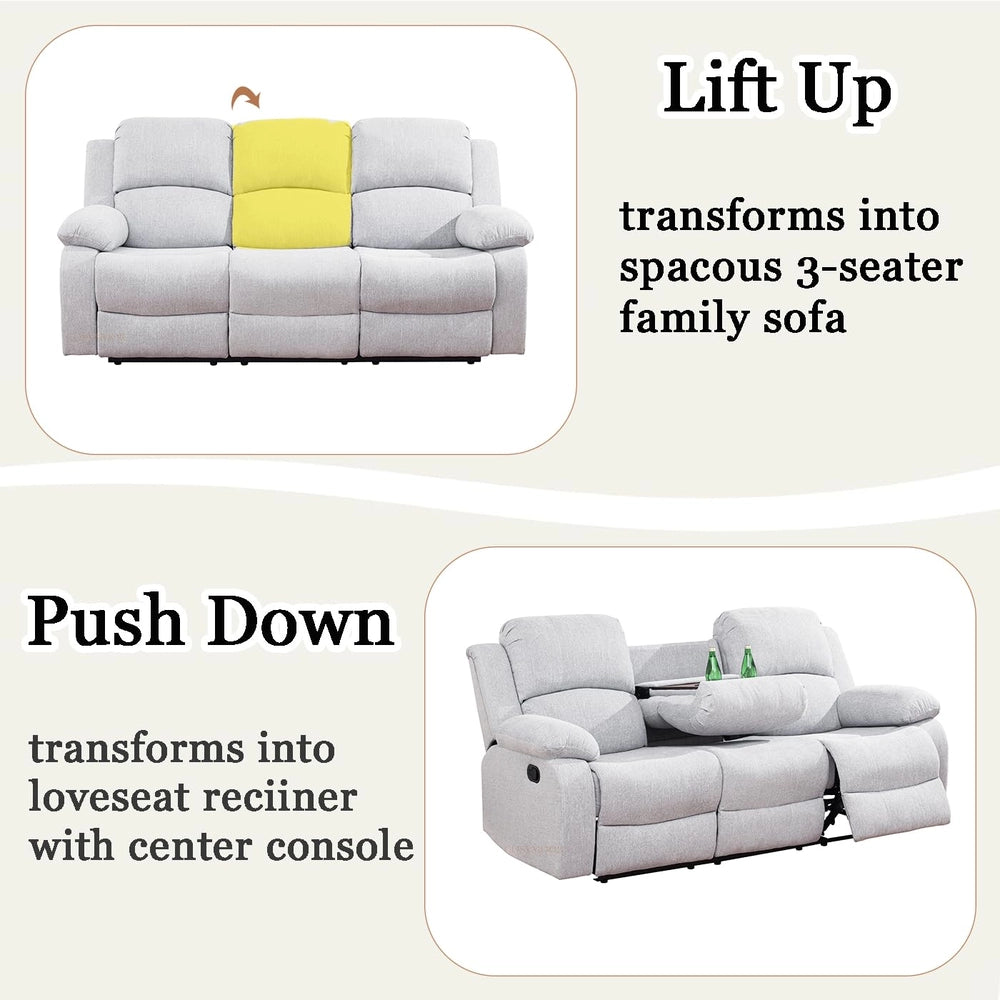 Ainehome Cinema 3-Piece Grey Fabric Manual Reclining Sofa Set