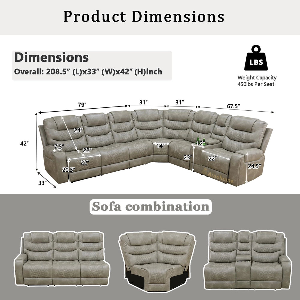 Ainehome Grey 3-Piece Intelligent Power Reclining Leather Sectional Sofa Set with Smart Features