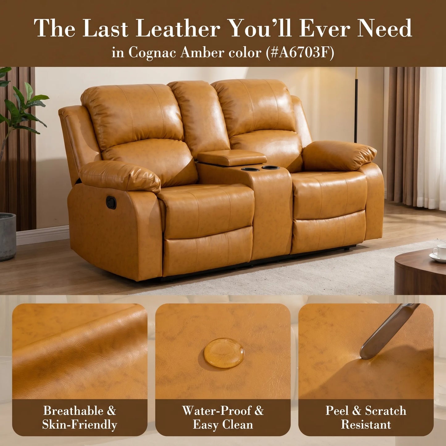 Ainehome 68" Manual RV Loveseat Recliner with Storage Console - Breathable Synthetic Leather Motorhome Sofa Replacement - 67" Full Extension & 26" Door Friendly - Walnut Brown