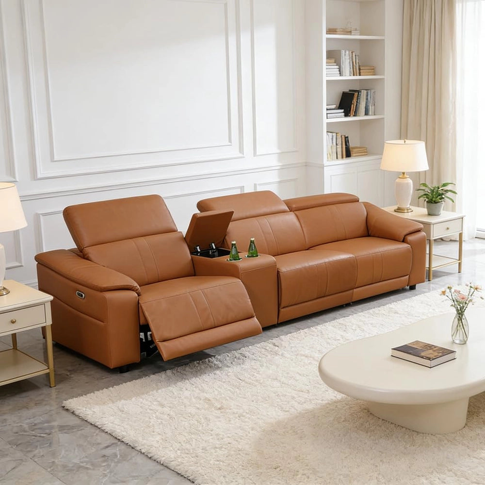 Light Brown Leather 5-Seater Modular Power Reclining Sectional Sofa Set with Smart Storage & USB
