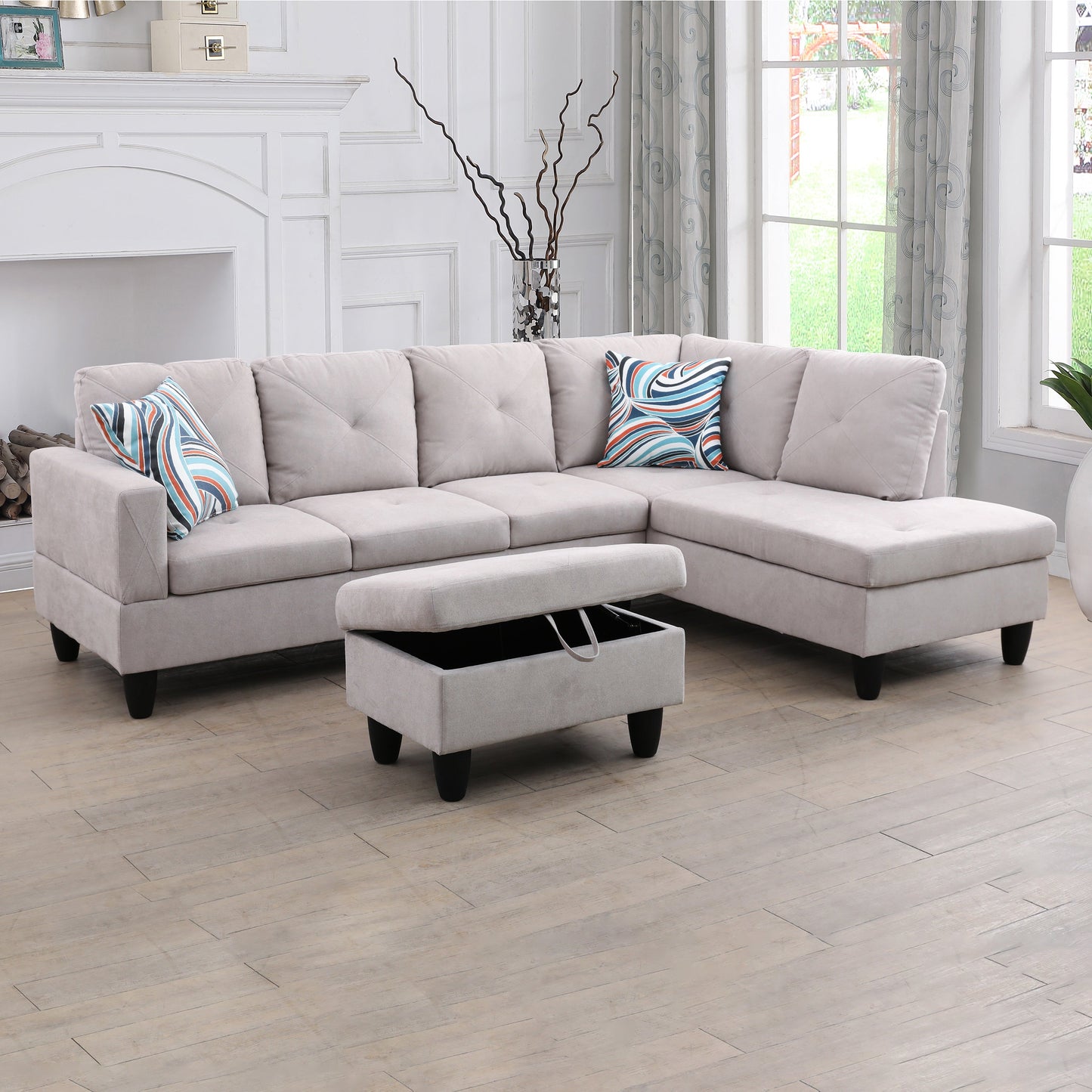 97" Wide Grey White Flannelette L-Shaped Living Room Sofa Set — image 3