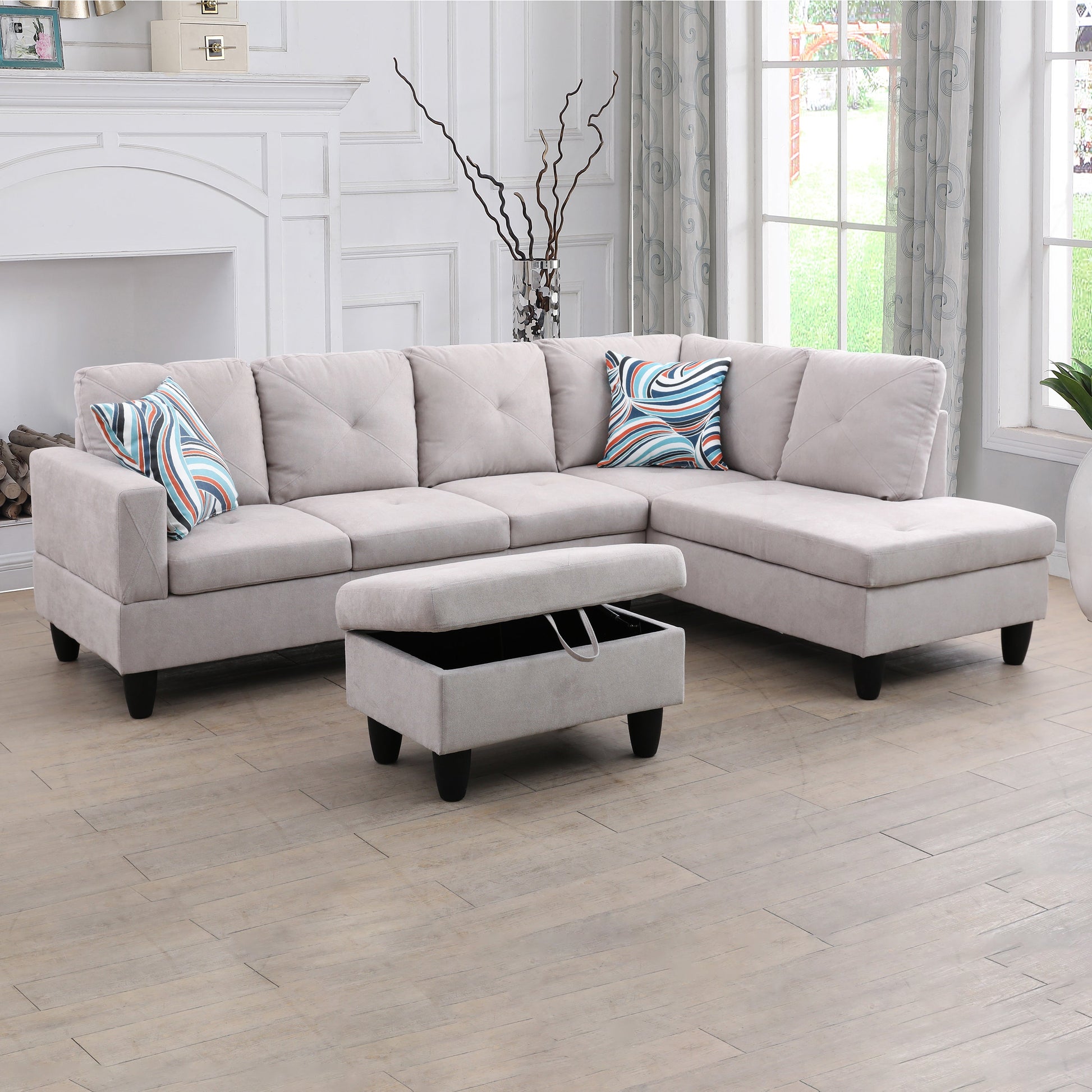 97" Wide Grey White Flannelette L-Shaped Living Room Sofa Set — image 3
