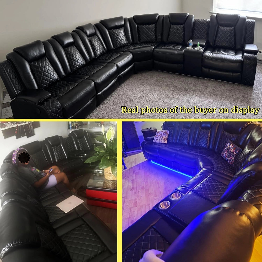 Ainehome Black Leather Power Reclining Sofa Set with Smart Storage & Wireless Charging