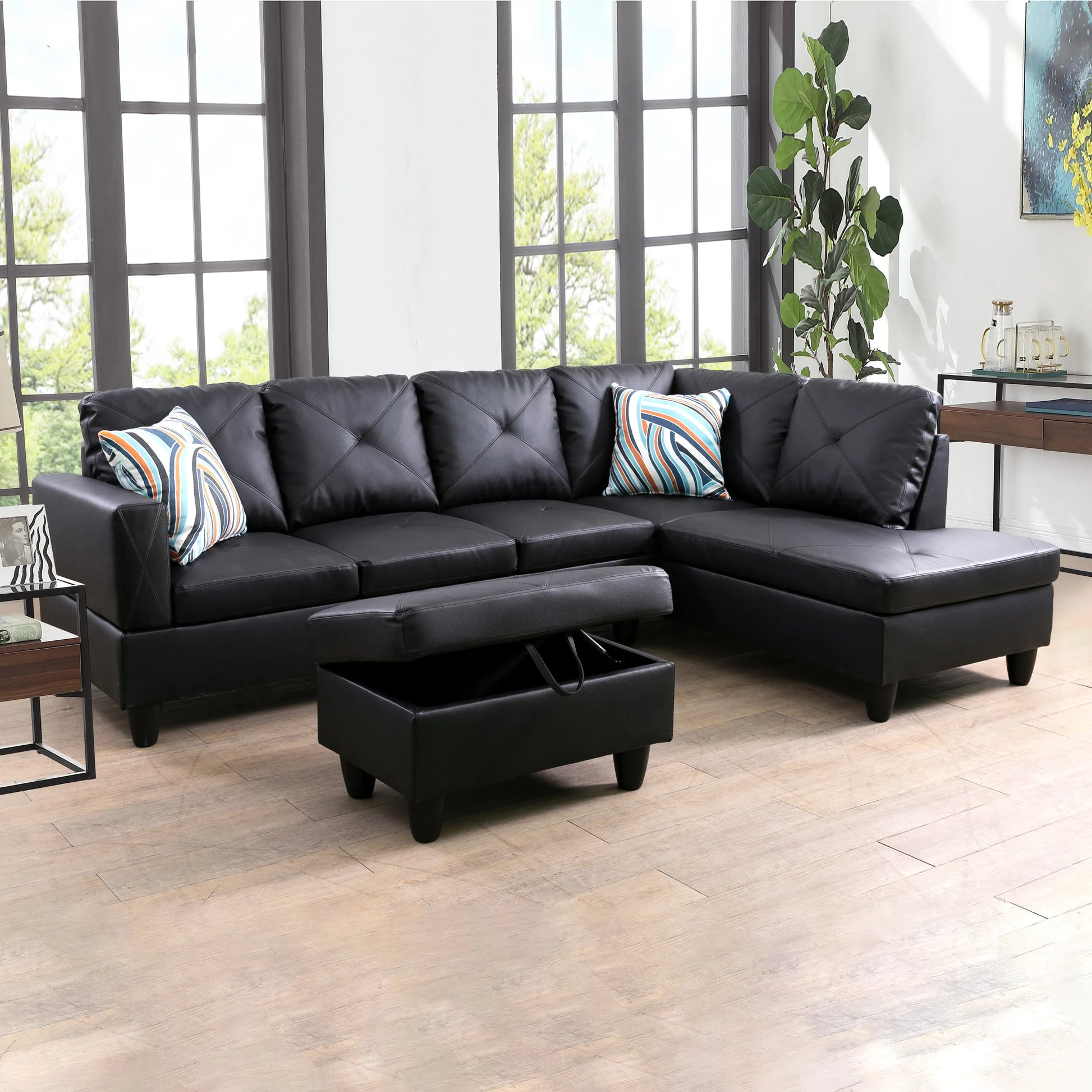 97" Wide Black Faux Leather L-Shaped Living Room Sectional Sofa Set — image 3