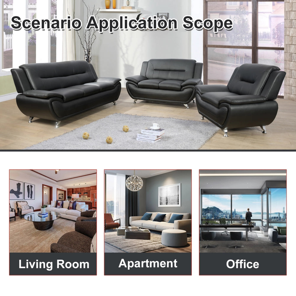 Ainehome Black Faux Leather 3-2-1 Living Room Sofa Set