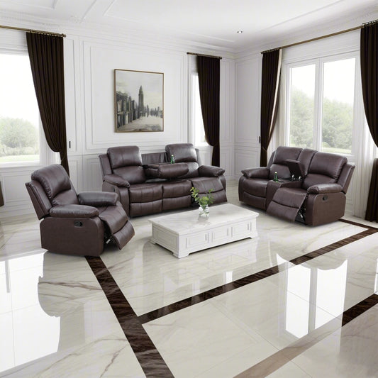 "Cinema" 3-Piece Brown Faux Leather Manual Reclining Sofa Set