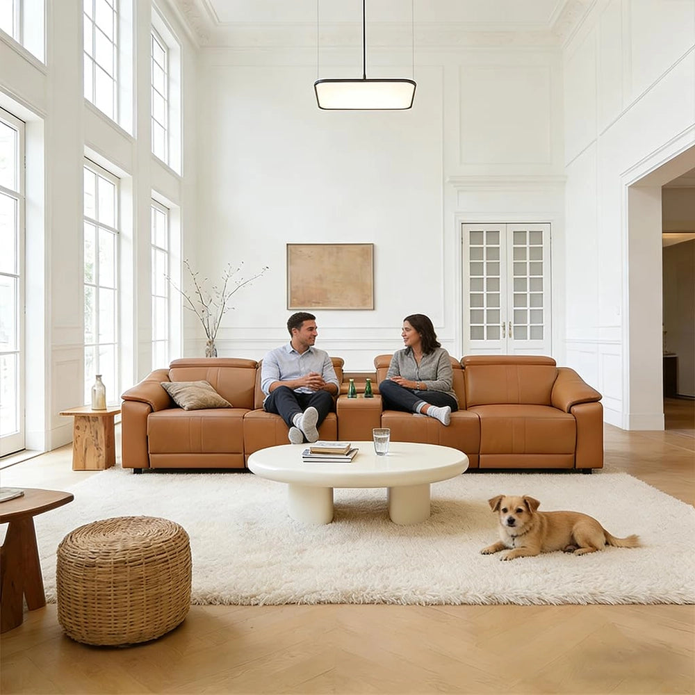 Ainehome Light Brown Leather 5-Seater Modular Power Reclining Sectional Sofa Set with Smart Storage & USB