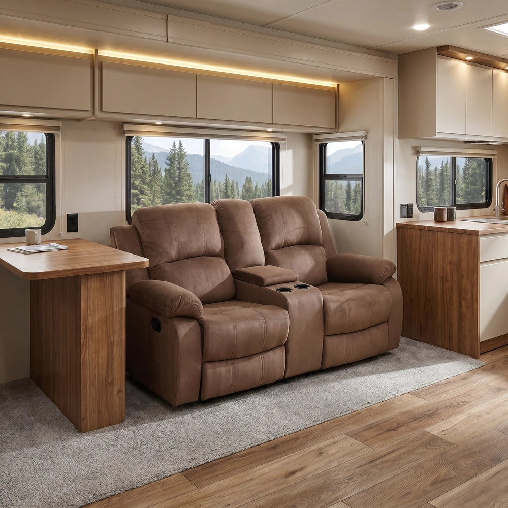 68" Manual RV Loveseat Recliner with Storage Console - Breathable Tech-Fabric Motorhome Sofa Replacement - 67" Full Extension & 26" Door Friendly - Brown