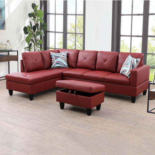 97" Wide Red Faux Leather L-Shaped Living Room Sectional Sofa Set