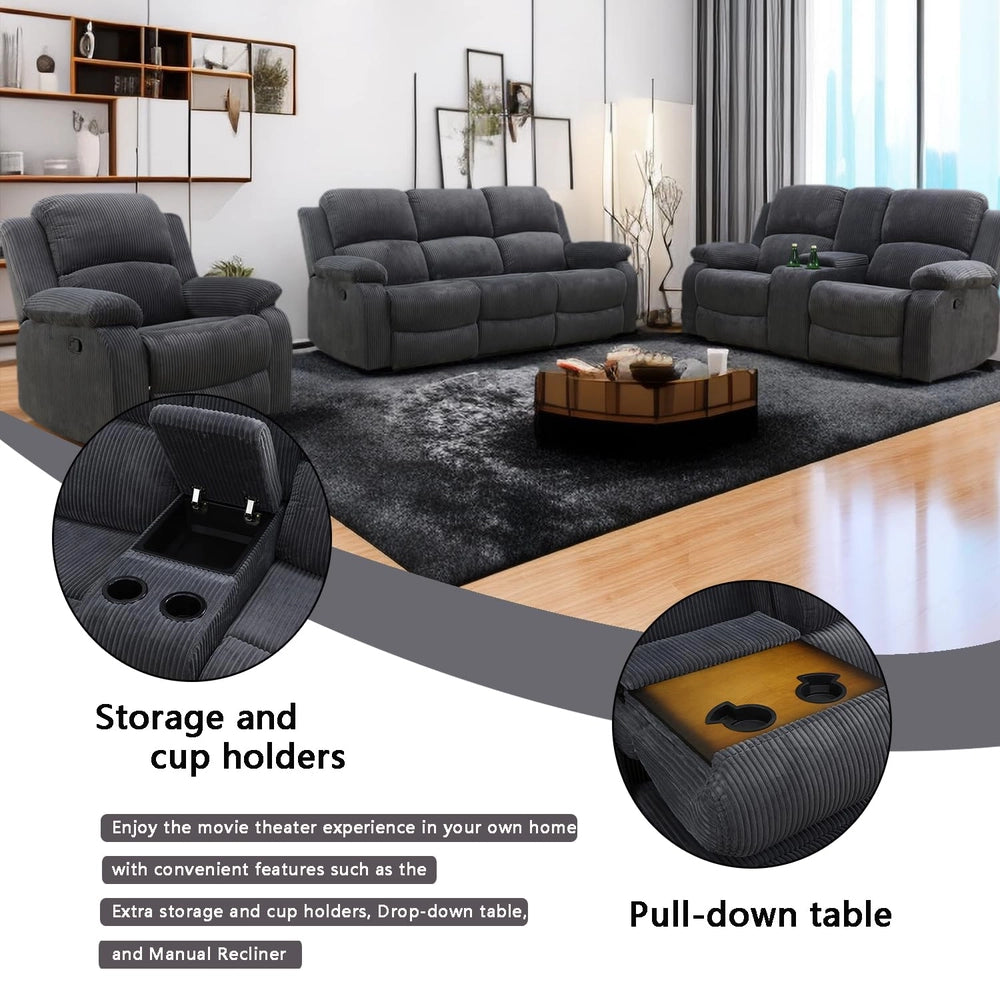Ainehome Cinema 3-Piece Textured Dark Grey Corduroy Reclining Sofa Set
