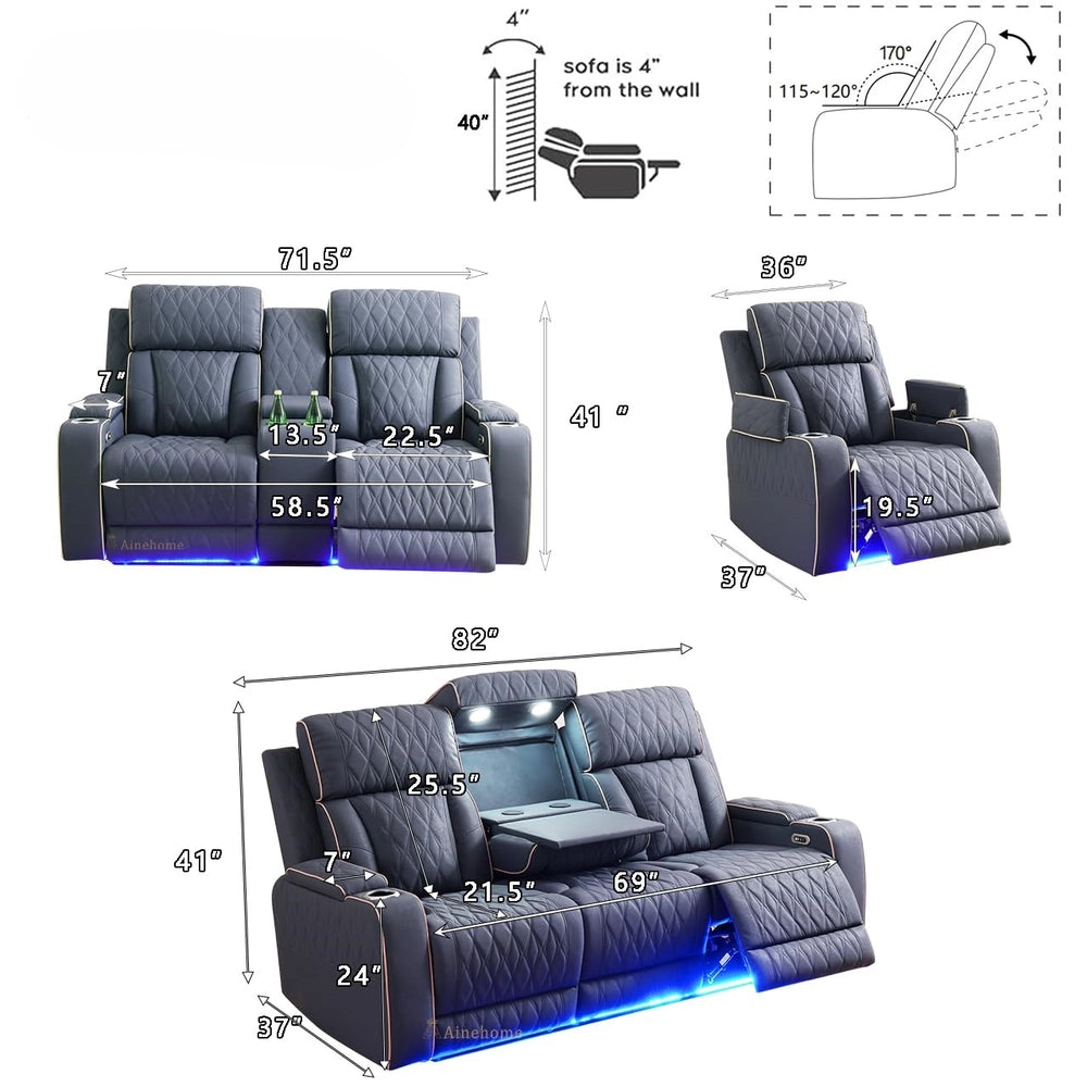 Ainehome Blue Gray Sanded Leather 5-Seater Power Reclining Sofa Set with Smart Features