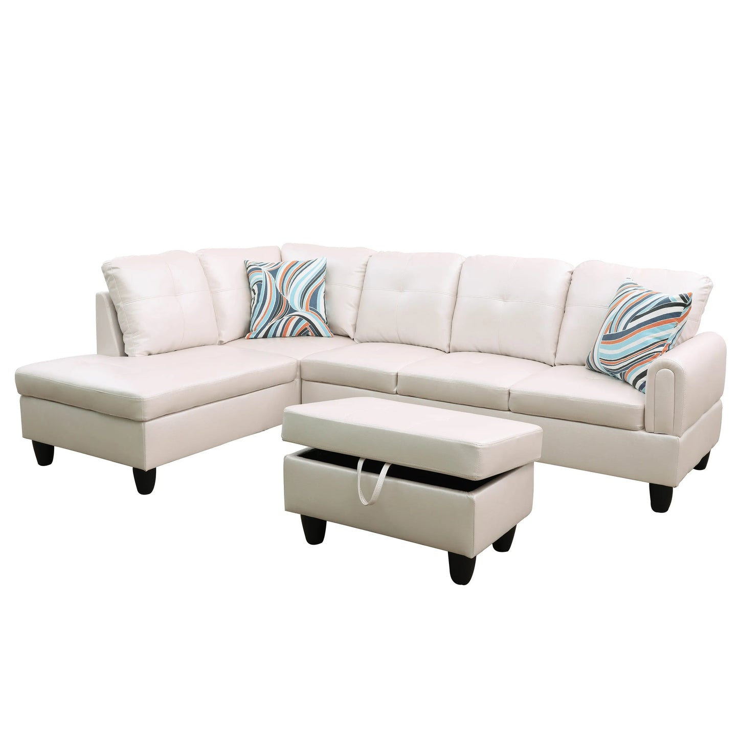 Ainehome 97" Wide Peaerl White Faux Leather L-Shaped Living Room Sectional Sofa Set