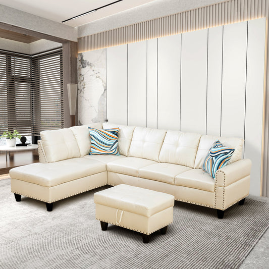97.5" Wide White Faux Leather L-Shaped Living Room Sectional Sofa Set