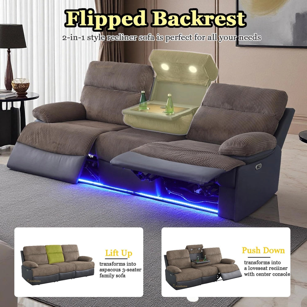 Brown Corduroy Power Reclining Sofa Set with LED Lights, USB Charging & Storage Console - 3 Piece Living Room Set