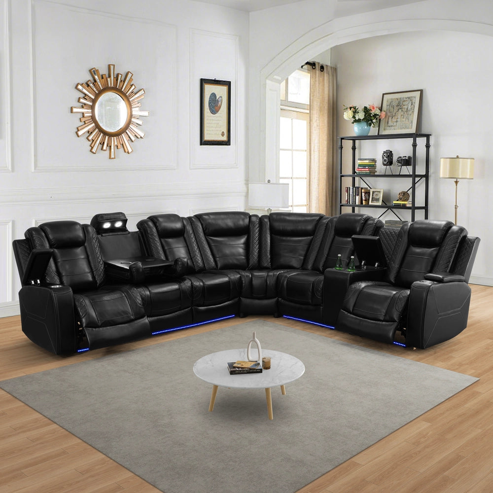 Ainehome Black Leather Power Reclining Sectional Sofa with Storage & Wireless Charging