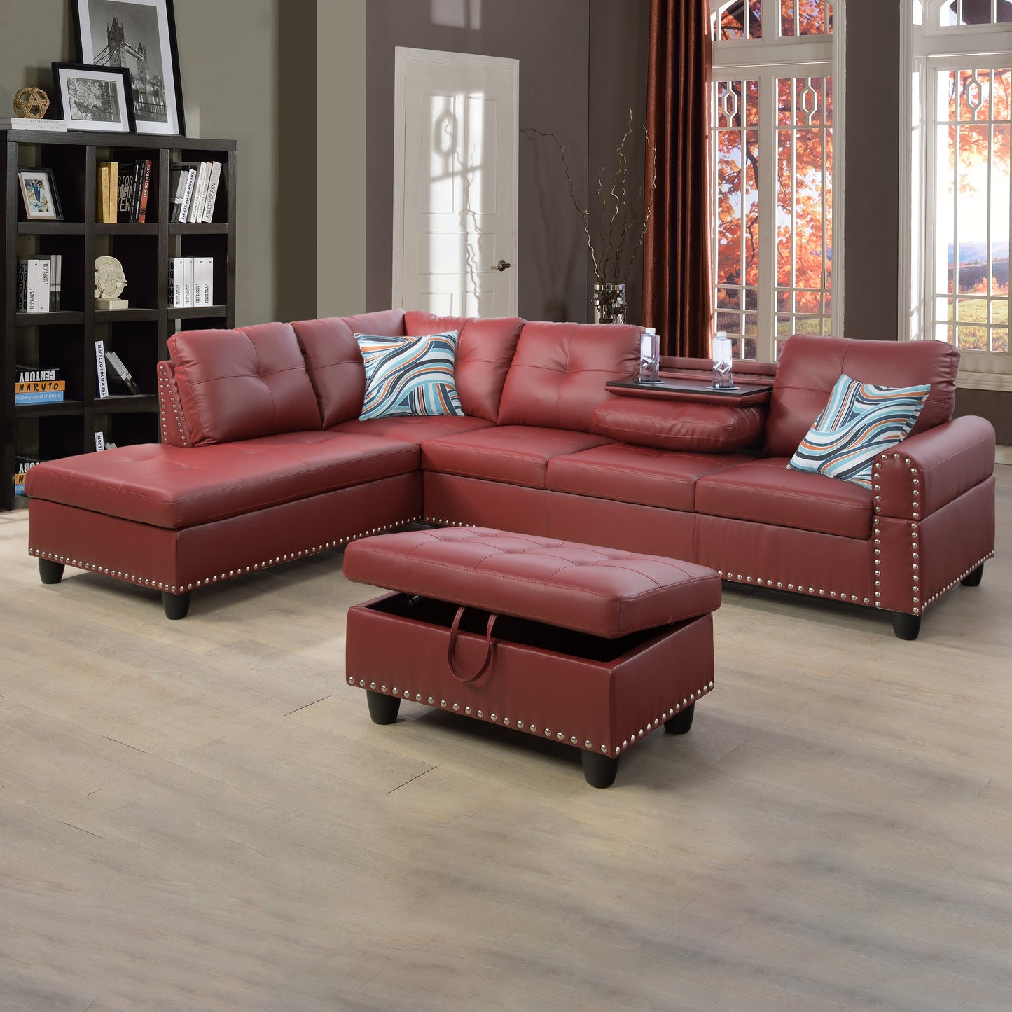 97.5" Wide Red Synthetic Leather L-Shaped Living Room Sectional Sofa Set