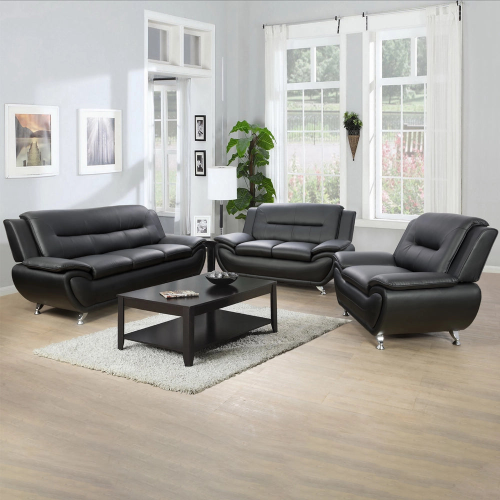 Black Faux Leather 3-2-1 Living Room Sofa Set