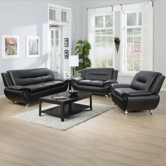 Black Faux Leather 3-2-1 Living Room Sofa Set