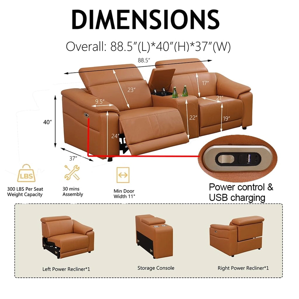 Ainehome Light Brown Leather 5-Seater Modular Power Reclining Sectional Sofa Set with Smart Storage & USB