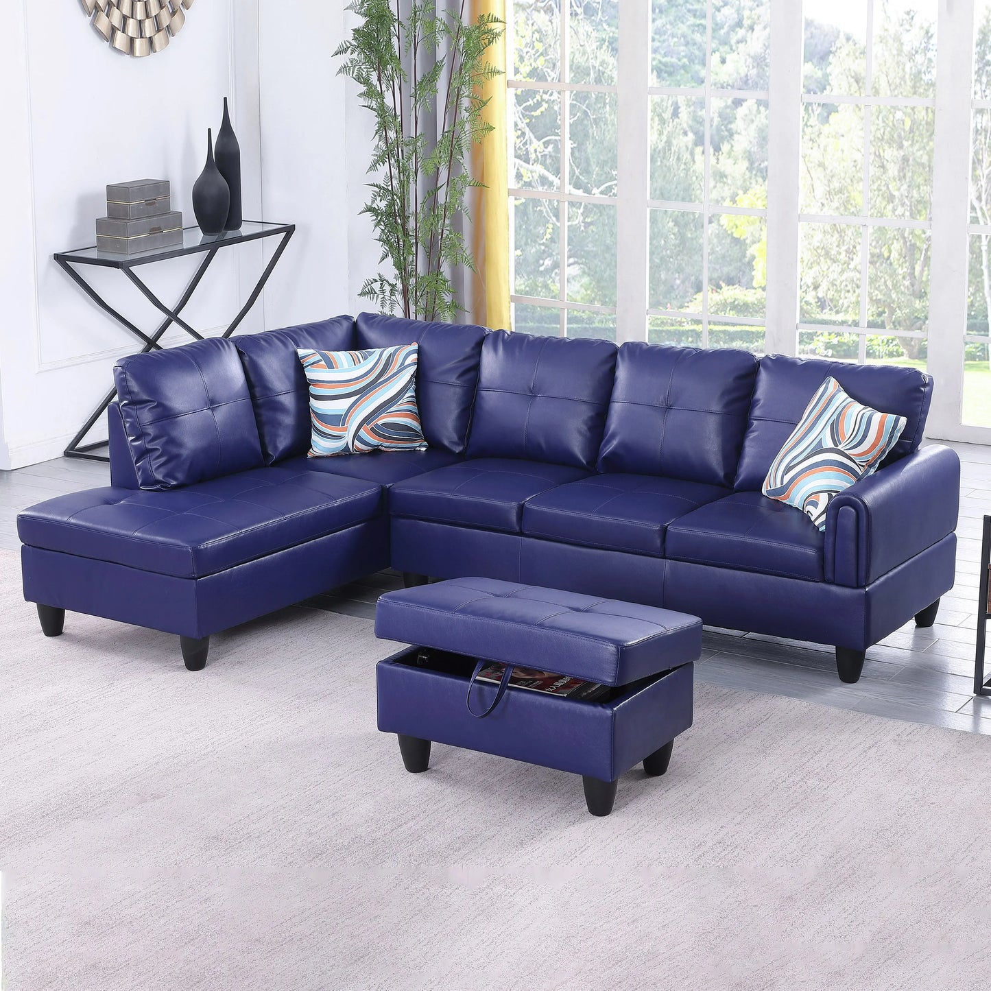 97" Wide Blue Faux Leather L-Shaped Living Room Sectional Sofa Set