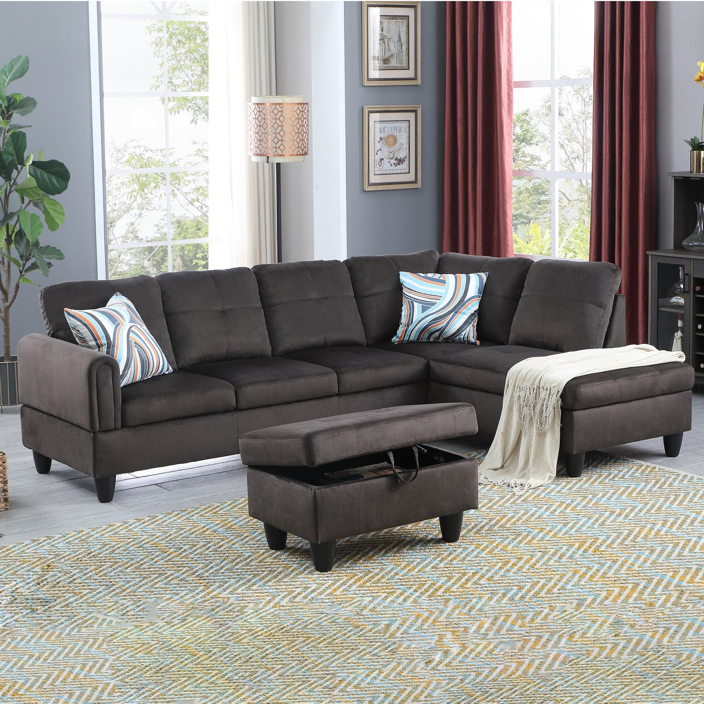97" Wide Dark Brown Flannel L-Shaped Living Room Sectional Sofa Set